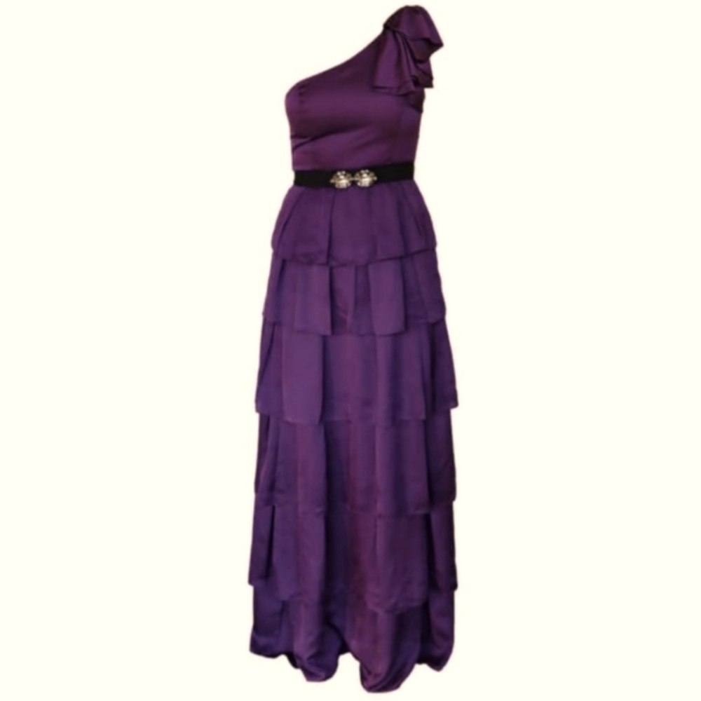 Bcbgmaxazria Purple One Shoulder Ruffle Tiered Maxi Dress Size 0